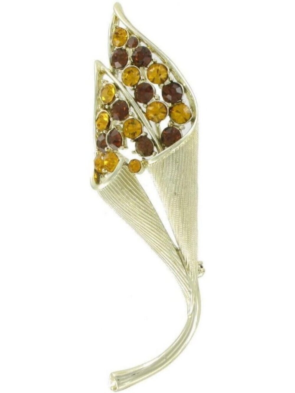 Vintage Floral Leaf Brooch Pin Gold Tone Topaz Rhinestone 3.5” Chic Women’s